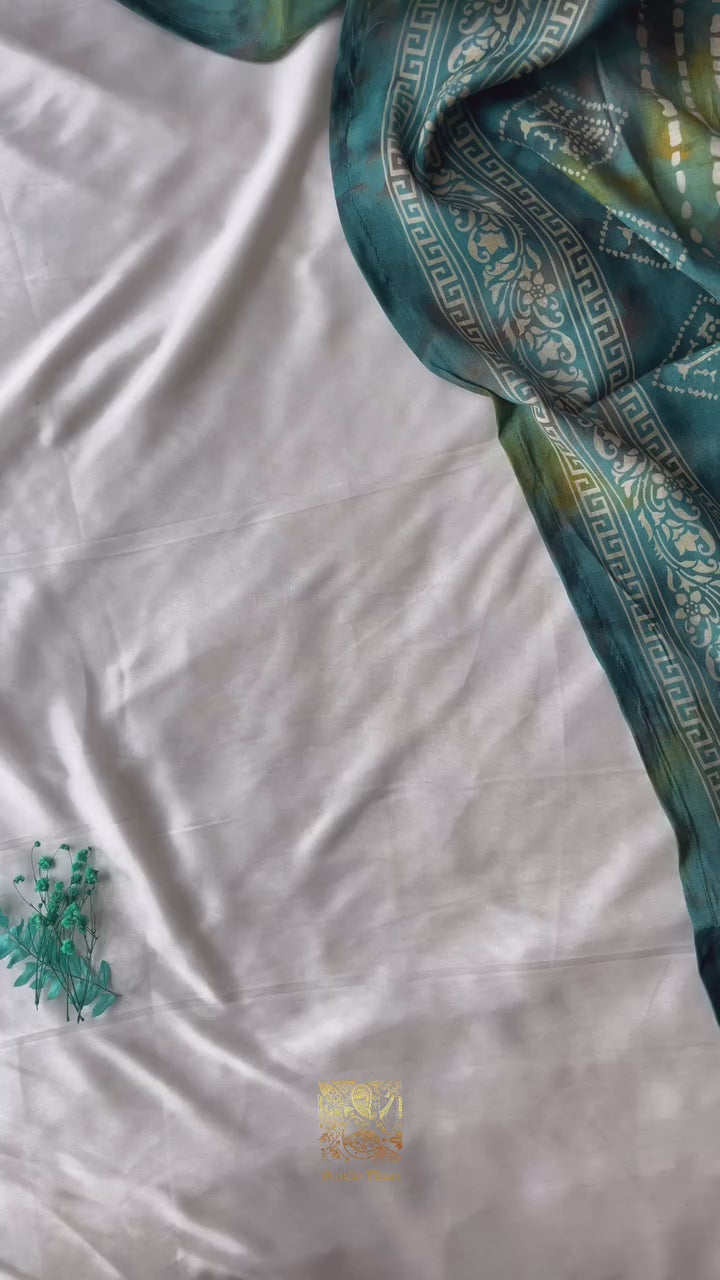 Uppada silk kurta Set with embroidered V neckline Shatoon stitched pant Uppada silk duppata (PEACOCK BLUE)